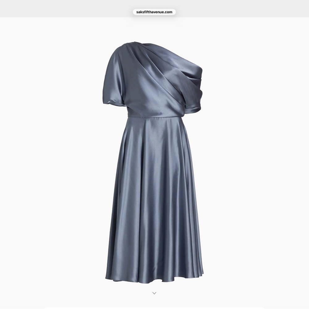 Amsale One Shoulder Satin Blouson Midi Dress Slate Blue‎ Size 8